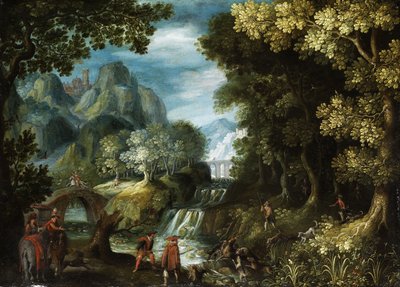 Tree Landscape with Cascades and Hunting Party by Frankenthaler Malergruppe